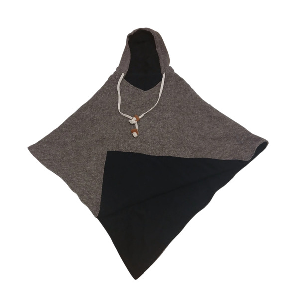 Virblatt Wool Hooded Poncho Brown Black Lining Pullover Drawstring Nepal L/XL - Picture 10 of 12